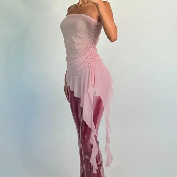 Pink Mesh Ruffled Top M - Picture 2 of 5